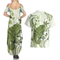 Green And White Hawaii Chameleon Couples Matching Summer Maxi Dress and Hawaiian Shirt Plumeria Polynesian Tribal Art