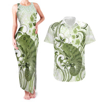 Green And White Hawaii Chameleon Couples Matching Tank Maxi Dress and Hawaiian Shirt Plumeria Polynesian Tribal Art