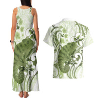 Green And White Hawaii Chameleon Couples Matching Tank Maxi Dress and Hawaiian Shirt Plumeria Polynesian Tribal Art