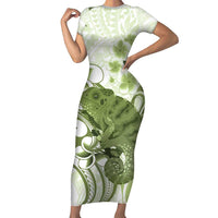 Green And White Hawaii Chameleon Family Matching Short Sleeve Bodycon Dress and Hawaiian Shirt Plumeria Polynesian Tribal Art LT14 Mom's Dress Lime Green - Polynesian Pride
