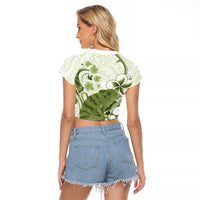 Green And White Hawaii Chameleon Raglan Cropped T Shirt Plumeria Polynesian Tribal Art