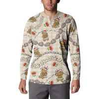 Beige Palaka Hawaii Mele Kalikimaka Button Sweatshirt Ohia Lehua Shell Leis Funny Gingerbread Santa - Polynesian Pride