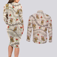 Beige Palaka Hawaii Mele Kalikimaka Couples Matching Long Sleeve Bodycon Dress and Long Sleeve Button Shirt Ohia Lehua Shell Leis Funny Gingerbread Santa LT14 - Polynesian Pride