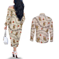 Beige Palaka Hawaii Mele Kalikimaka Couples Matching Off The Shoulder Long Sleeve Dress and Long Sleeve Button Shirt Ohia Lehua Shell Leis Funny Gingerbread Santa LT14 - Polynesian Pride