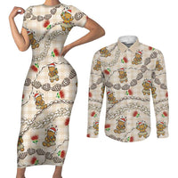 Beige Palaka Hawaii Mele Kalikimaka Couples Matching Short Sleeve Bodycon Dress and Long Sleeve Button Shirt Ohia Lehua Shell Leis Funny Gingerbread Santa LT14 Beige - Polynesian Pride