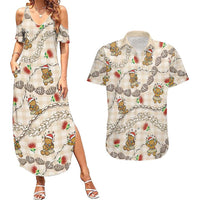 Beige Palaka Hawaii Mele Kalikimaka Couples Matching Summer Maxi Dress and Hawaiian Shirt Ohia Lehua Shell Leis Funny Gingerbread Santa LT14 Beige - Polynesian Pride