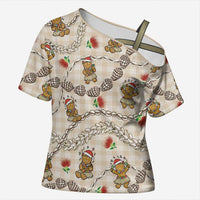 Beige Palaka Hawaii Mele Kalikimaka Cross Shoulder Shirt Ohia Lehua Shell Leis Funny Gingerbread Santa - Polynesian Pride