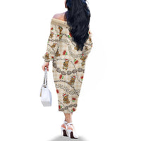 Beige Palaka Hawaii Mele Kalikimaka Family Matching Off The Shoulder Long Sleeve Dress and Hawaiian Shirt Ohia Lehua Shell Leis Funny Gingerbread Santa LT14 - Polynesian Pride