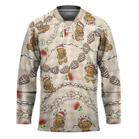 Beige Palaka Hawaii Mele Kalikimaka Hockey Jersey Ohia Lehua Shell Leis Funny Gingerbread Santa - Polynesian Pride