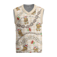 Beige Palaka Hawaii Mele Kalikimaka Christmas Knitted V-Neck Vest Ohia Lehua Shell Leis Funny Gingerbread Santa LT14 Beige - Polynesian Pride