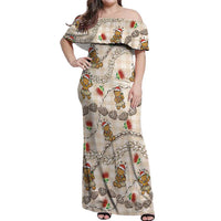 Beige Palaka Hawaii Mele Kalikimaka Off Shoulder Maxi Dress Ohia Lehua Shell Leis Funny Gingerbread Santa - Polynesian Pride