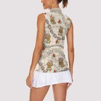 Beige Palaka Hawaii Mele Kalikimaka Women Sleeveless Polo Shirt Ohia Lehua Shell Leis Funny Gingerbread Santa LT14 - Polynesian Pride