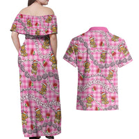 Pink Palaka Hawaii Mele Kalikimaka Couples Matching Off Shoulder Maxi Dress and Hawaiian Shirt Ohia Lehua Shell Leis Funny Gingerbread Santa LT14 - Polynesian Pride