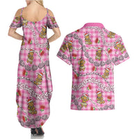 Pink Palaka Hawaii Mele Kalikimaka Couples Matching Summer Maxi Dress and Hawaiian Shirt Ohia Lehua Shell Leis Funny Gingerbread Santa LT14 - Polynesian Pride