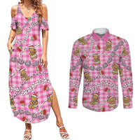 Pink Palaka Hawaii Mele Kalikimaka Couples Matching Summer Maxi Dress and Long Sleeve Button Shirt Ohia Lehua Shell Leis Funny Gingerbread Santa LT14 Pink - Polynesian Pride