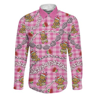 Pink Palaka Hawaii Mele Kalikimaka Family Matching Off Shoulder Short Dress and Hawaiian Shirt Ohia Lehua Shell Leis Funny Gingerbread Santa LT14 Dad's Shirt - Long Sleeve Pink - Polynesian Pride