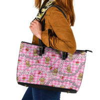 Pink Palaka Hawaii Mele Kalikimaka Leather Tote Bag Ohia Lehua Shell Leis Funny Gingerbread Santa - Polynesian Pride