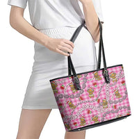 Pink Palaka Hawaii Mele Kalikimaka Leather Tote Bag Ohia Lehua Shell Leis Funny Gingerbread Santa - Polynesian Pride