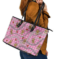 Pink Palaka Hawaii Mele Kalikimaka Leather Tote Bag Ohia Lehua Shell Leis Funny Gingerbread Santa - Polynesian Pride
