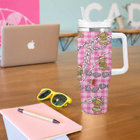 Pink Palaka Hawaii Mele Kalikimaka Tumbler With Handle Ohia Lehua Shell Leis Funny Gingerbread Santa - Polynesian Pride