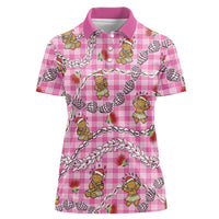 Pink Palaka Hawaii Mele Kalikimaka Women Polo Shirt Ohia Lehua Shell Leis Funny Gingerbread Santa - Polynesian Pride
