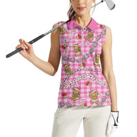 Pink Palaka Hawaii Mele Kalikimaka Women Sleeveless Polo Shirt Ohia Lehua Shell Leis Funny Gingerbread Santa LT14 - Polynesian Pride