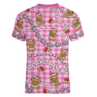 Pink Palaka Hawaii Mele Kalikimaka Women V-Neck T-Shirt Ohia Lehua Shell Leis Funny Gingerbread Santa LT14 - Polynesian Pride