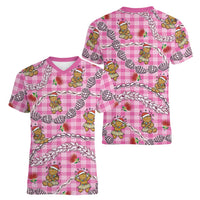Pink Palaka Hawaii Mele Kalikimaka Women V-Neck T-Shirt Ohia Lehua Shell Leis Funny Gingerbread Santa LT14 - Polynesian Pride