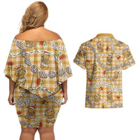 Gold Palaka Hawaii Mele Kalikimaka Couples Matching Off Shoulder Short Dress and Hawaiian Shirt Ohia Lehua Shell Leis Funny Gingerbread Santa LT14 - Polynesian Pride