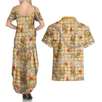 Gold Palaka Hawaii Mele Kalikimaka Couples Matching Summer Maxi Dress and Hawaiian Shirt Ohia Lehua Shell Leis Funny Gingerbread Santa LT14 - Polynesian Pride
