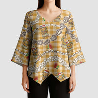 Gold Palaka Hawaii Mele Kalikimaka Kimono Sleeve Blouse Ohia Lehua Shell Leis Funny Gingerbread Santa - Polynesian Pride
