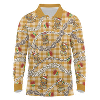 Gold Palaka Hawaii Mele Kalikimaka Long Sleeve Polo Shirt Ohia Lehua Shell Leis Funny Gingerbread Santa - Polynesian Pride