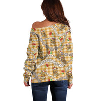 Gold Palaka Hawaii Mele Kalikimaka Off Shoulder Sweater Ohia Lehua Shell Leis Funny Gingerbread Santa - Polynesian Pride