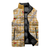 Gold Palaka Hawaii Mele Kalikimaka Sleeveless Puffer Jacket Ohia Lehua Shell Leis Funny Gingerbread Santa - Polynesian Pride