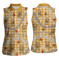 Gold Palaka Hawaii Mele Kalikimaka Women Sleeveless Polo Shirt Ohia Lehua Shell Leis Funny Gingerbread Santa LT14 - Polynesian Pride