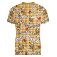 Gold Palaka Hawaii Mele Kalikimaka Women V-Neck T-Shirt Ohia Lehua Shell Leis Funny Gingerbread Santa LT14 - Polynesian Pride