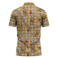 Gold Palaka Hawaii Mele Kalikimaka Zipper Polo Shirt Ohia Lehua Shell Leis Funny Gingerbread Santa - Polynesian Pride