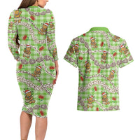 Green Palaka Hawaii Mele Kalikimaka Couples Matching Long Sleeve Bodycon Dress and Hawaiian Shirt Ohia Lehua Shell Leis Funny Gingerbread Santa LT14 - Polynesian Pride