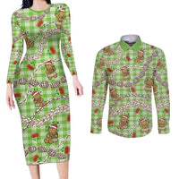 Green Palaka Hawaii Mele Kalikimaka Couples Matching Long Sleeve Bodycon Dress and Long Sleeve Button Shirt Ohia Lehua Shell Leis Funny Gingerbread Santa LT14 Green - Polynesian Pride