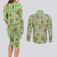 Green Palaka Hawaii Mele Kalikimaka Couples Matching Long Sleeve Bodycon Dress and Long Sleeve Button Shirt Ohia Lehua Shell Leis Funny Gingerbread Santa LT14 - Polynesian Pride