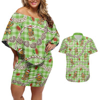 Green Palaka Hawaii Mele Kalikimaka Couples Matching Off Shoulder Short Dress and Hawaiian Shirt Ohia Lehua Shell Leis Funny Gingerbread Santa LT14 Green - Polynesian Pride
