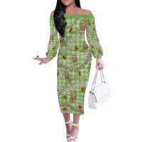 Green Palaka Hawaii Mele Kalikimaka Family Matching Off The Shoulder Long Sleeve Dress and Hawaiian Shirt Ohia Lehua Shell Leis Funny Gingerbread Santa LT14 Green - Polynesian Pride