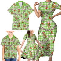 Green Palaka Hawaii Mele Kalikimaka Family Matching Short Sleeve Bodycon Dress and Hawaiian Shirt Ohia Lehua Shell Leis Funny Gingerbread Santa LT14 - Polynesian Pride