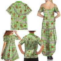 Green Palaka Hawaii Mele Kalikimaka Family Matching Summer Maxi Dress and Hawaiian Shirt Ohia Lehua Shell Leis Funny Gingerbread Santa LT14 - Polynesian Pride