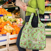 Green Palaka Hawaii Mele Kalikimaka Grocery Bag Ohia Lehua Shell Leis Funny Gingerbread Santa - Polynesian Pride