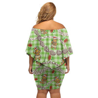 Green Palaka Hawaii Mele Kalikimaka Off Shoulder Short Dress Ohia Lehua Shell Leis Funny Gingerbread Santa - Polynesian Pride