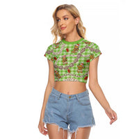 Green Palaka Hawaii Mele Kalikimaka Raglan Cropped T Shirt Ohia Lehua Shell Leis Funny Gingerbread Santa - Polynesian Pride