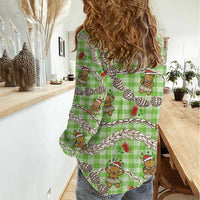 Green Palaka Hawaii Mele Kalikimaka Women Casual Shirt Ohia Lehua Shell Leis Funny Gingerbread Santa LT14 - Polynesian Pride