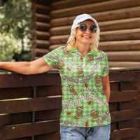 Green Palaka Hawaii Mele Kalikimaka Women Polo Shirt Ohia Lehua Shell Leis Funny Gingerbread Santa LT14 - Polynesian Pride