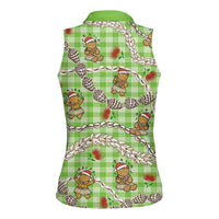 Green Palaka Hawaii Mele Kalikimaka Women Sleeveless Polo Shirt Ohia Lehua Shell Leis Funny Gingerbread Santa LT14 - Polynesian Pride